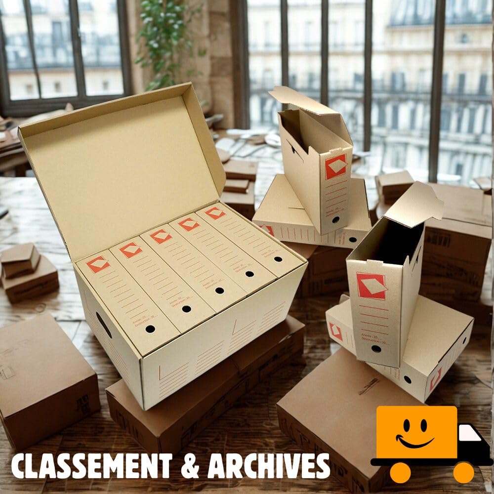 Générique Lot de 5 Boîtes Carton Couvercle Rabat Intégré | 52x35x25CM | Caisse de Rangement et Classement Archives - Stockage | Poignées de Transport | 100% Recyclé | Marquage Imprimé |