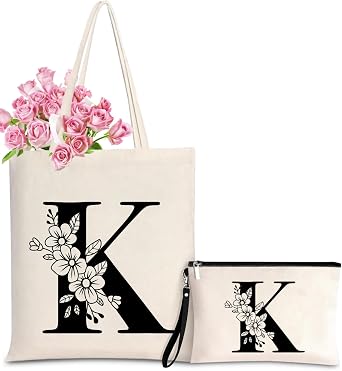 Personalized Initial Tote Bag for Women - Monogrammed Bags with Makeup Gift Bag for Wedding, Birthday, Teacher