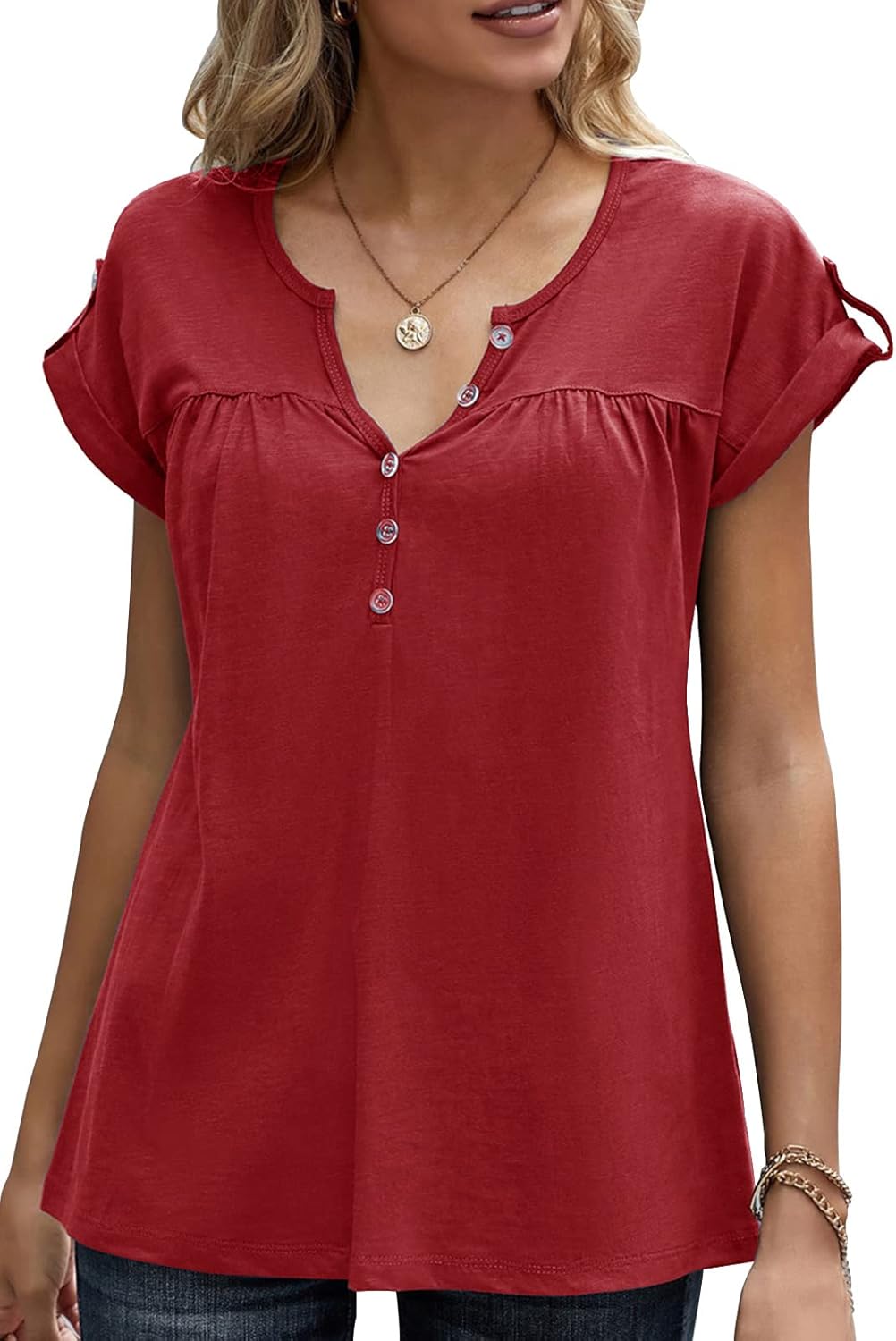 Women's Casual Short Sleeve T-Shirts V Neck Button Up Tunic Tops Summer Rolled Sleeve Henley Shirt - Image 4