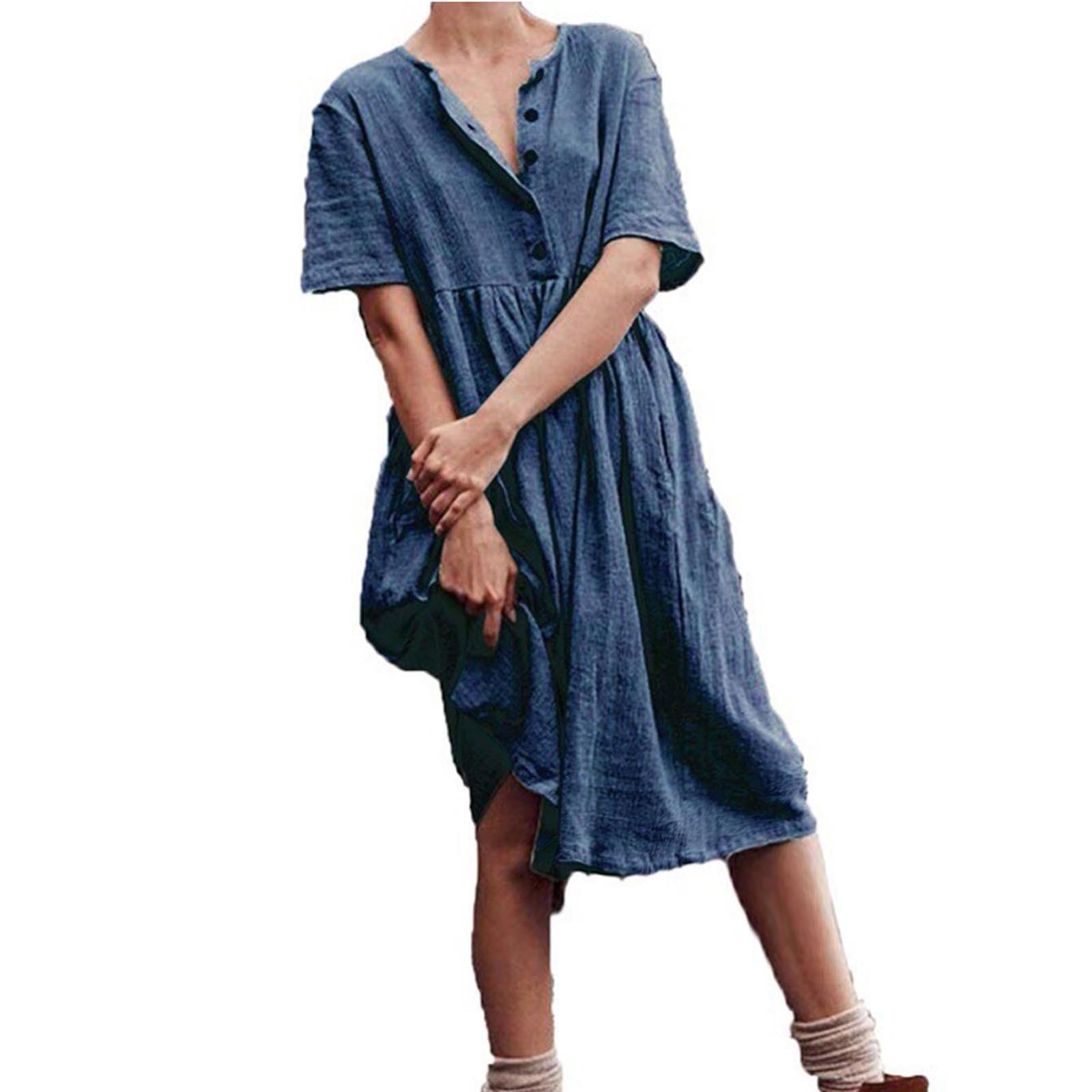 Women Summer Dresses with Plus Size Short Sleeve Button Down Sundresses Casual Pleated Cotton Linen Pocketed Dress