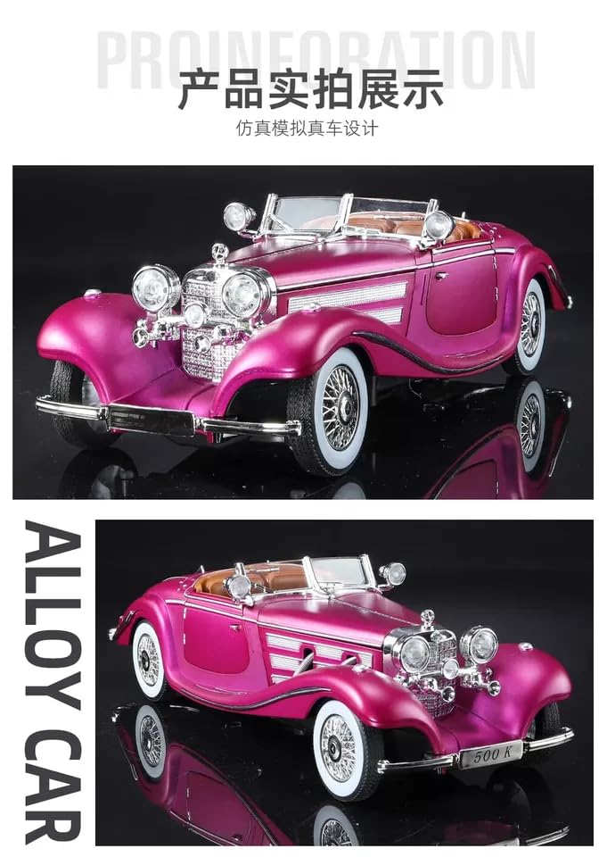 Image of 1:24 Benz 500K Toy Car Model, Diecast Collectible Pull Back Model Car with Sound and Light, Retro Classic Car Toy Gift Vehicles for Adults, Kids, Boys, and Girls (Pink)