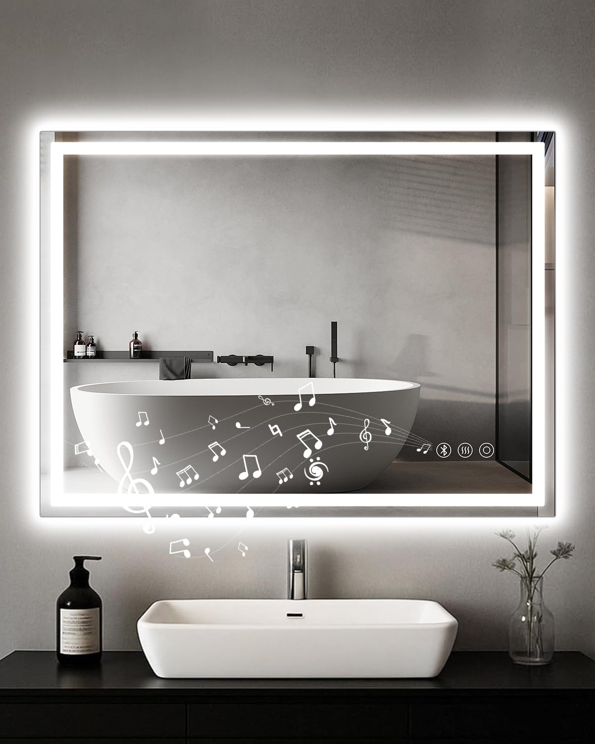 Habison Badspiegel mit Beleuchtung 60 x 80 cm, LED Badspiegel mit Bluetooth, Anti-Fog, Touch-Schalter, Memory-Funktion, 3 Licht Dimmbar, Memory-Funktion, IP44 Badezimmerspiegel für Bad, WC, Flur