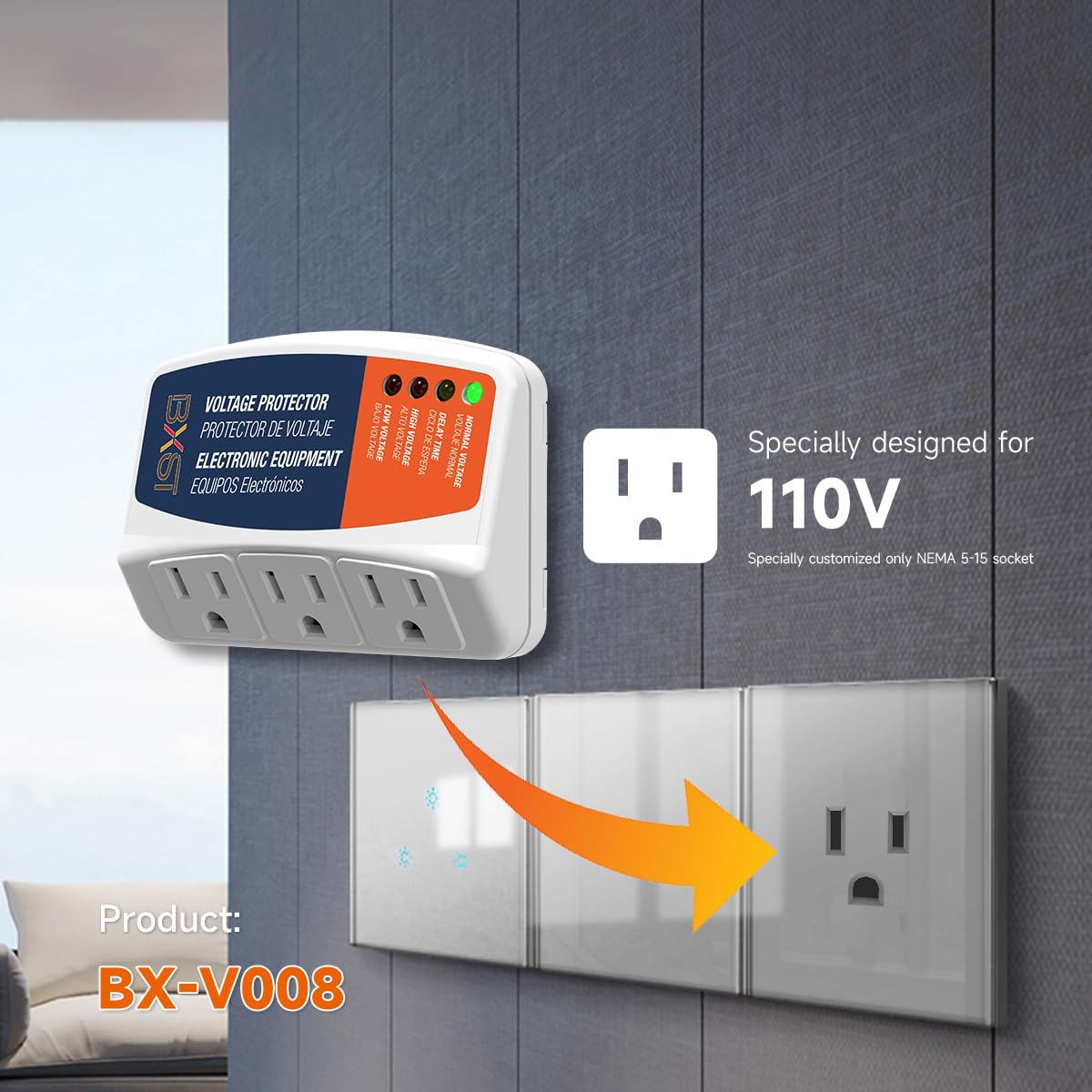 BXST - Protector de voltaje de tres tomas para el hogar, protege contra sobretensiones de alto y bajo voltaje, para refrigerador/TV/PC, 120 V, 1800 W (1 unidad)