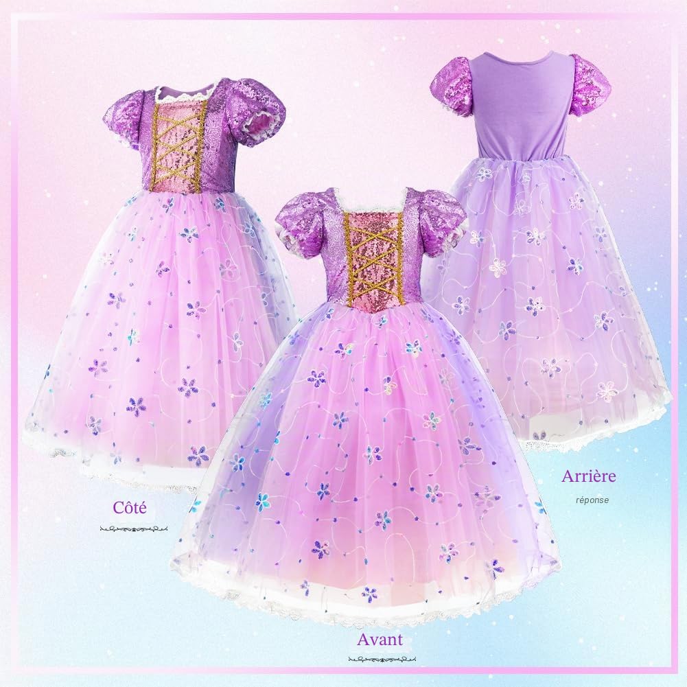 AOOWU 7 Pièces Enfant de Princesse, Costume Princesse avec Princess Wig,Crown,Wand,Necklace, Earrings and Sleeves, Violet Couronne Tulle Maxi Costume Carnaval Enfant pour Halloween Noël Cosplay