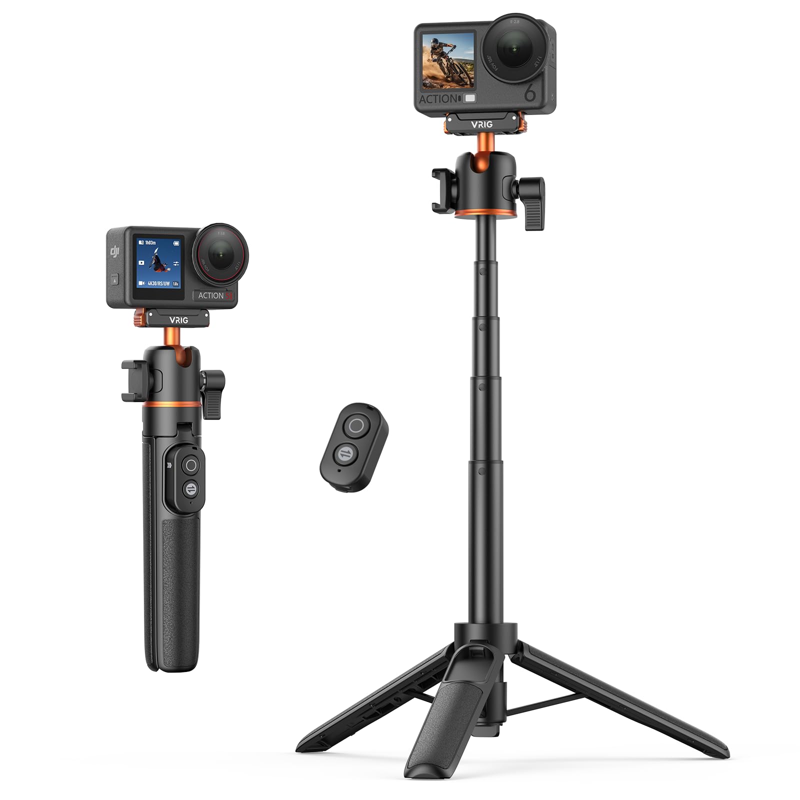 VRIG AC-90S Selfie Stick Stativ für DJI Osmo Action 6/5 Pro/ 4/ Osmo 360 | 55 cm Verlängerungsstab mit Magnetischer-Schnellwechseladapter & Fernbedienung für Vlogs, Live-Übertragungen und Reisen