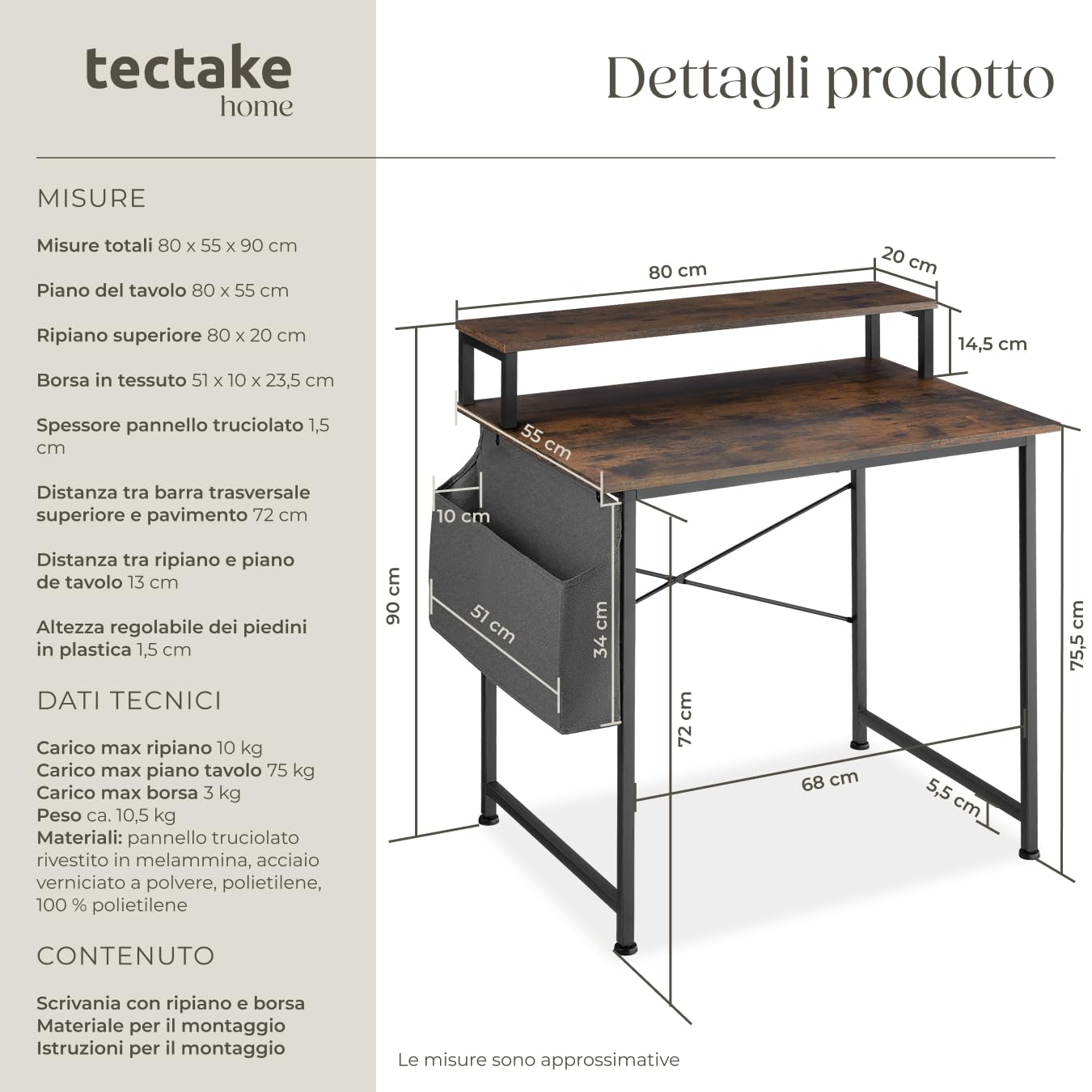 tectake® Scrivania 80x55x90cm con Ripiano rialzato per Monitor, Scrivania Gaming per Casa e Ufficio, Ideale Computer Portatile o Computer Fisso, Piedini Regolabili, Stile Industriale - Legno Scuro