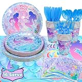 Meerjungfrau Partyzubehör Set,113pcs Meerjungfrau Party Geschirr-Meerjungfrau Geburtstag Party Teller Servietten Tasse Tischdecke etc Meerjungfrau Tischdeko Kindergeburtstag für 16 Gäste