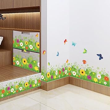 Amaom Beautiful Sunflower Butterfly Wall Decals, Removable Green Floral Grass Butterflies Stickers DIY Art Decor for Kids Bedroom Nursery Living Room Kitchen Wall Corner Home Decor