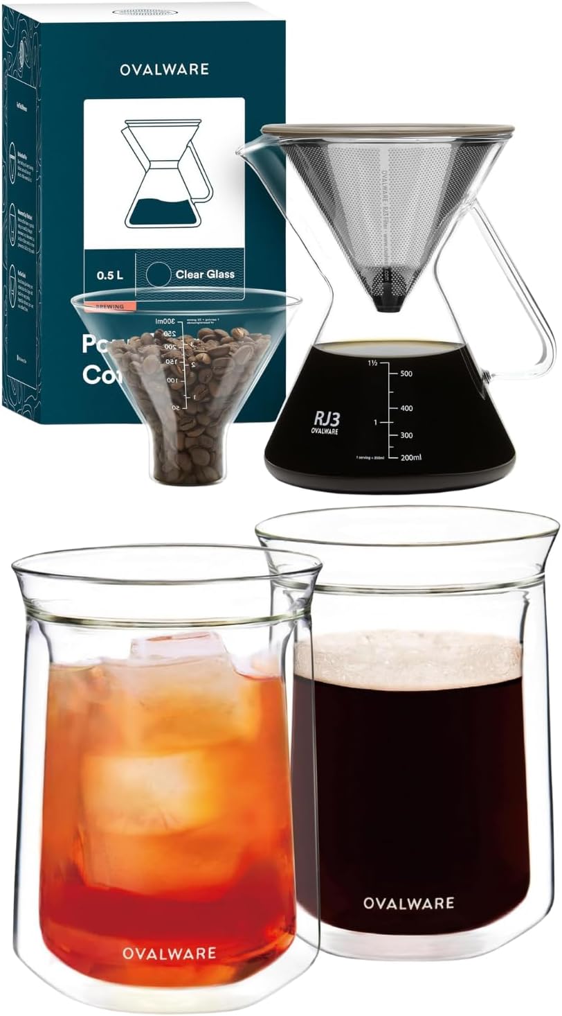 ovalware Pour Over Coffee Dripper Maker Paperless Stainless Steel Filter, Precision Measuring Cup and Carafe with Double Wall Single Lip Insulated Glass Minimalistic Double Wall Drinkimg Mug