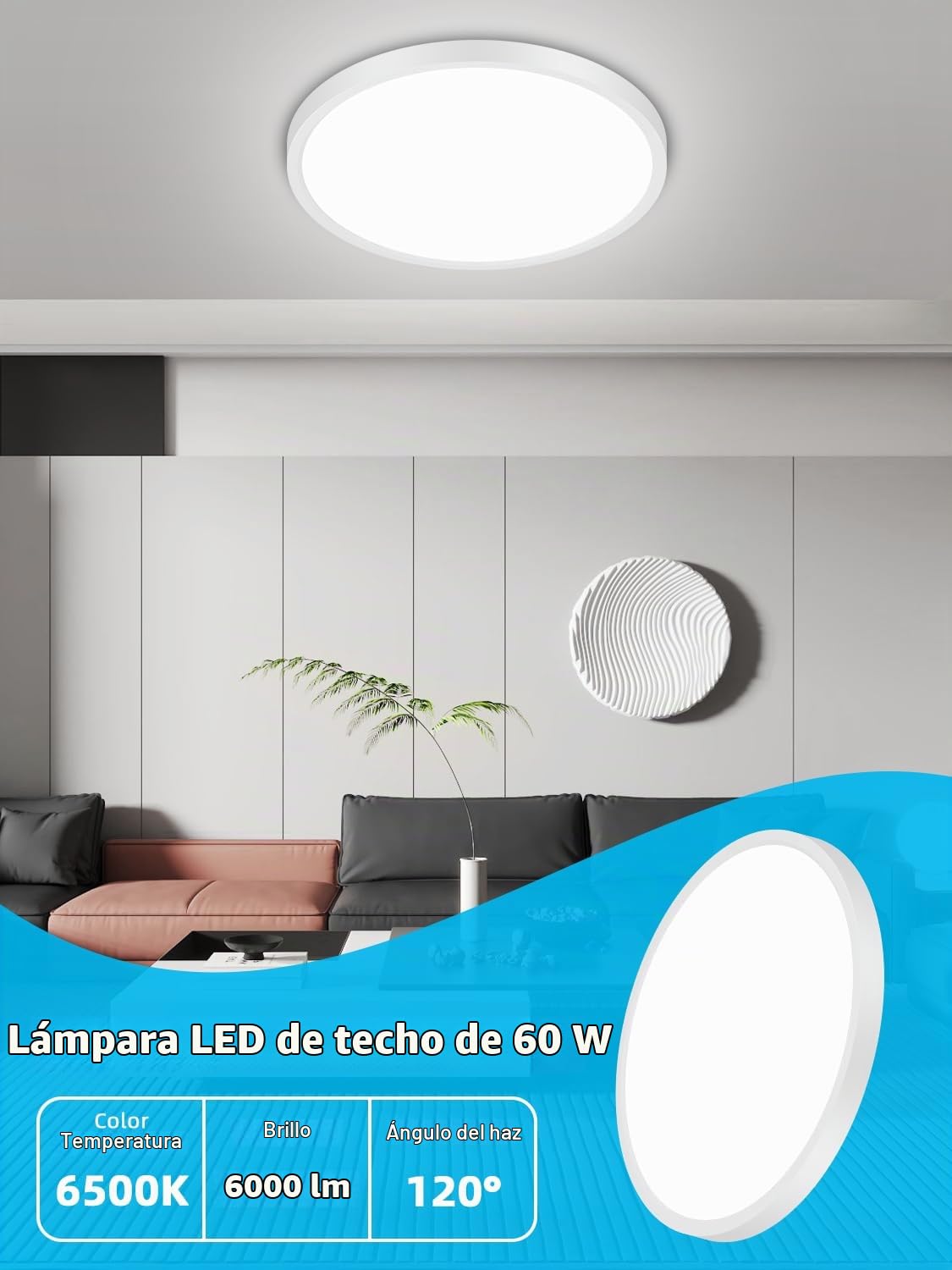 Plafon LED Techo 60W,6000LM Lampara Techo,6500K Blanco frio Plafones para Techo LED,Ø50CM Plafones Modernas Redondo,Plafon Techo para Cocina Salon Balcón Dormitorio Pasillo