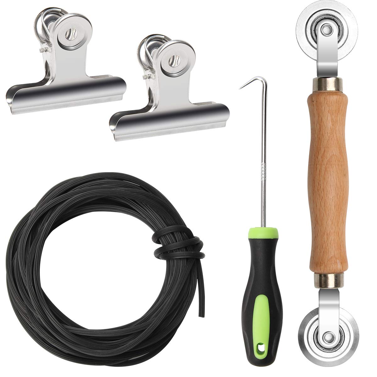 Screen Repair Kit - Screen Roller Tool with Bearing and Spline Removal Hook, Screen Installer Clips and Retainer Spline (25ft) for Installing Door Screen Window (5PCS)