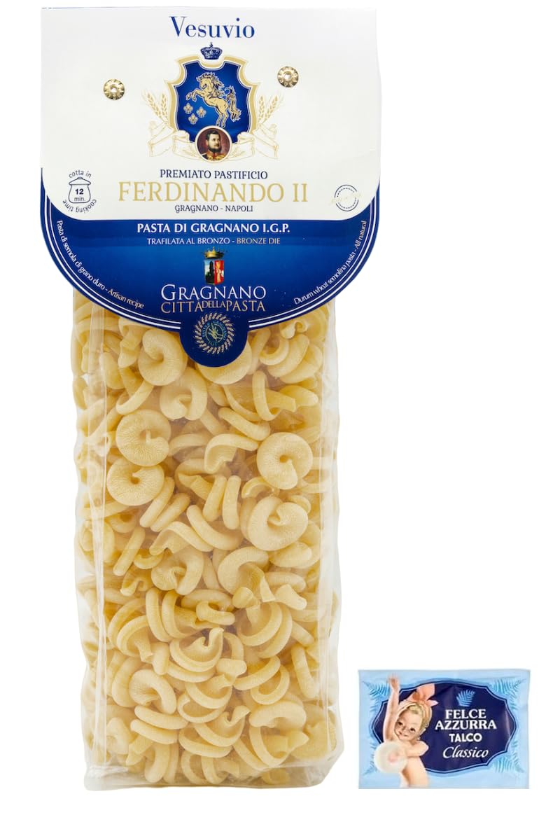 Confezione da 12 Pastificio Ferdinando II Pasta di Gragnano I.G.P. Vesuvio,Pasta di semola di grano duro 500g + 1 Busta di Talco Felce Azzurra in omaggio da 100g