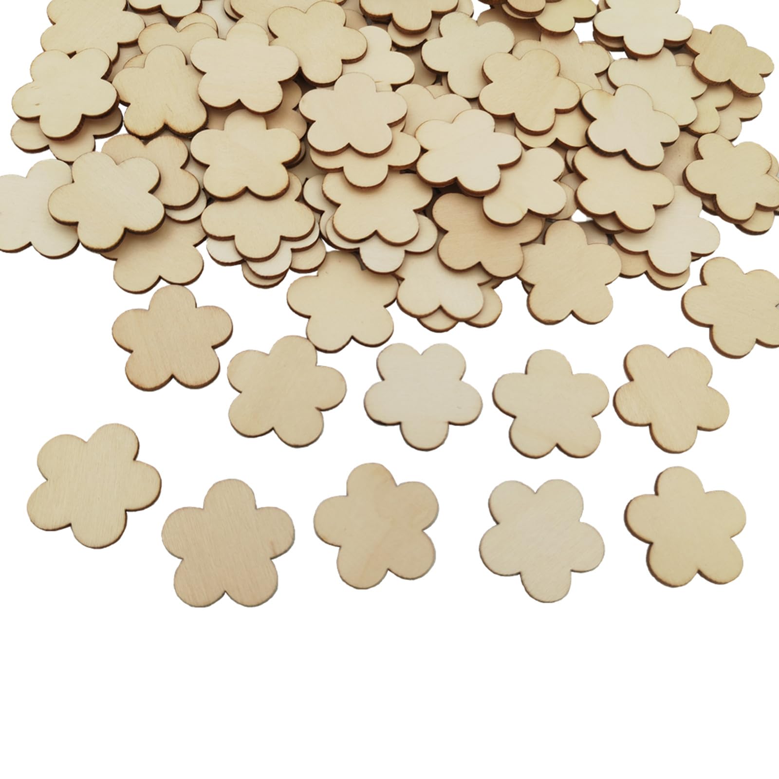 100PCS Unfinished Wood Cutouts Blank Wooden Slices Embellishments Wood Pieces for Crafts, Gift Tags, Painting, Home Decoration (Flower)