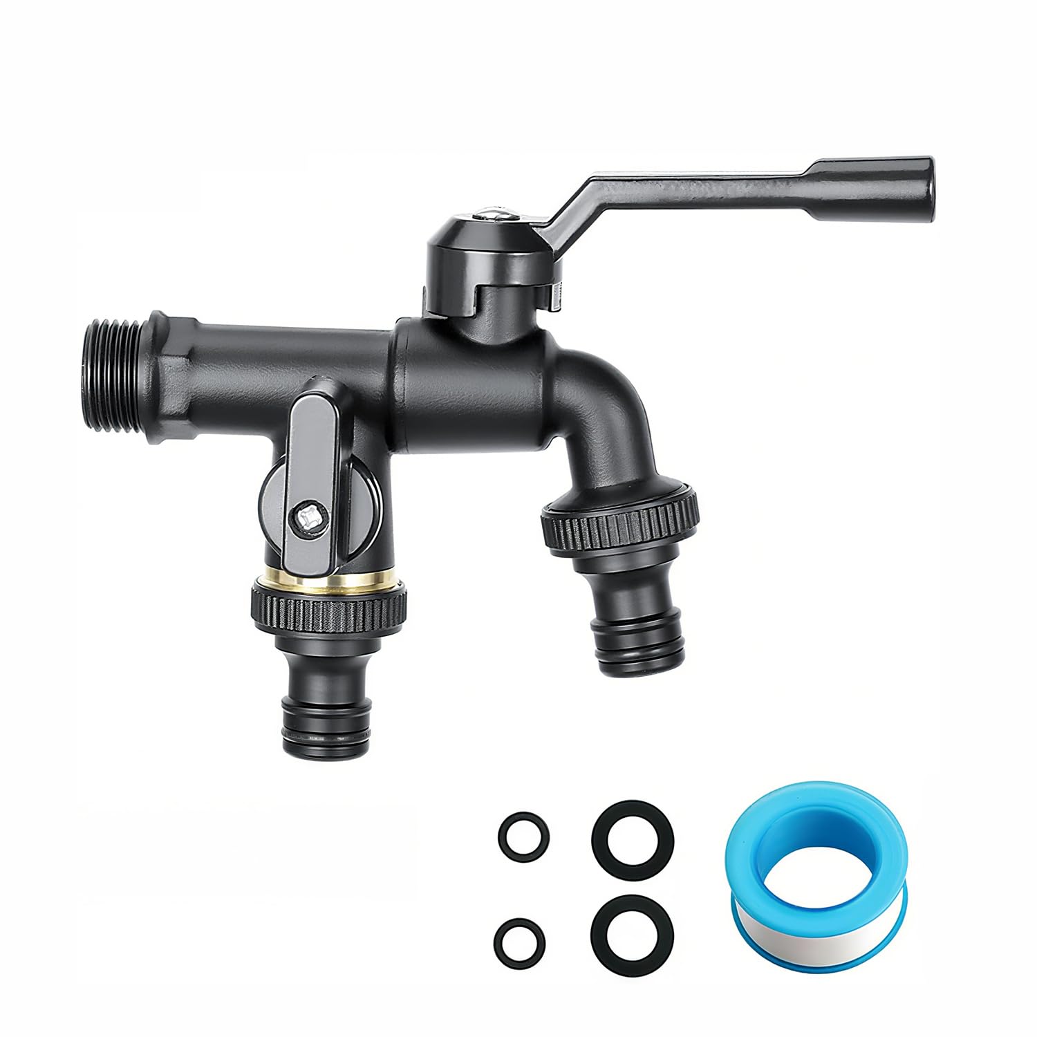 QHENS 3/4 Inch Garden Brass Outdoor Faucet, Double Black Garden Flow Tap with 2 Outlets 3/4'', Antifreeze Ball Valve, Grid & Outdoor Faucet, Irrigation System