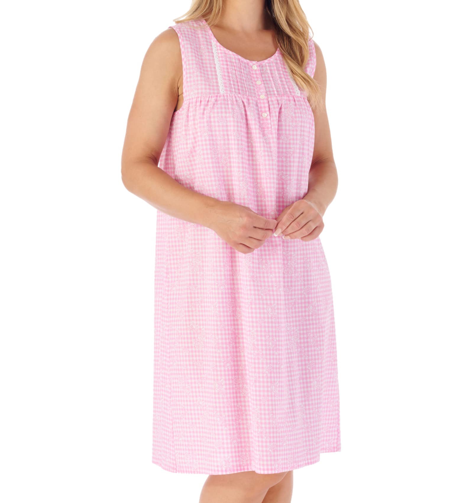 Slenderella Ladies Cotton Nightdress Gingham Check & Floral Sleeveless Nightie UK 24/26 (Pink)