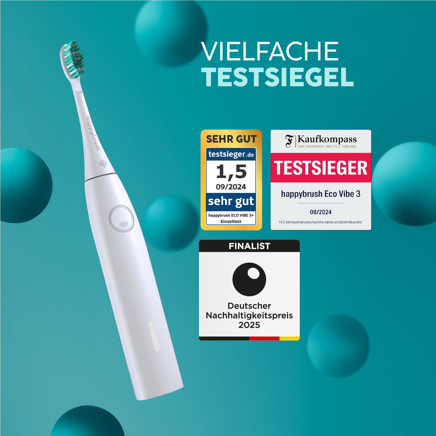 happybrush® Spazzolino elettrico sonico Eco VIBE 3 - Spazzolino sostenibile con batteria ricaricabile che dura 6 settimane, con 3 testine di ricambio e dentifricio - Bianco/Menta
