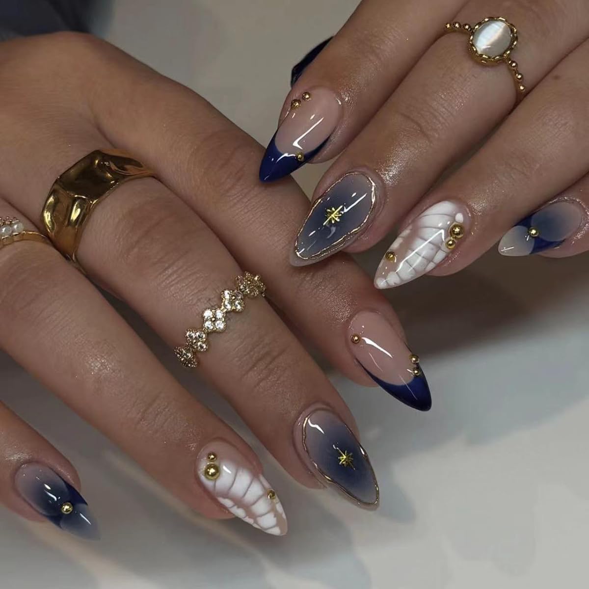 French Tip Almond Press On Nails With 3d Gild Cross Charms Kit_voghion.com