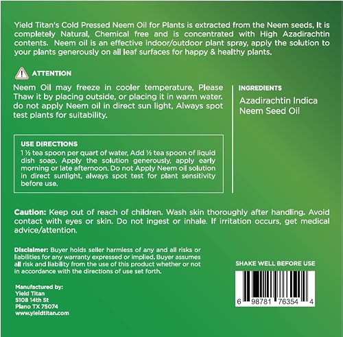 Yield Titan's 100% Pure Cold Pressed Concentrated Neem Oil For Indoor And Outdoor Plants And Vegetable (8Oz) #TOP2