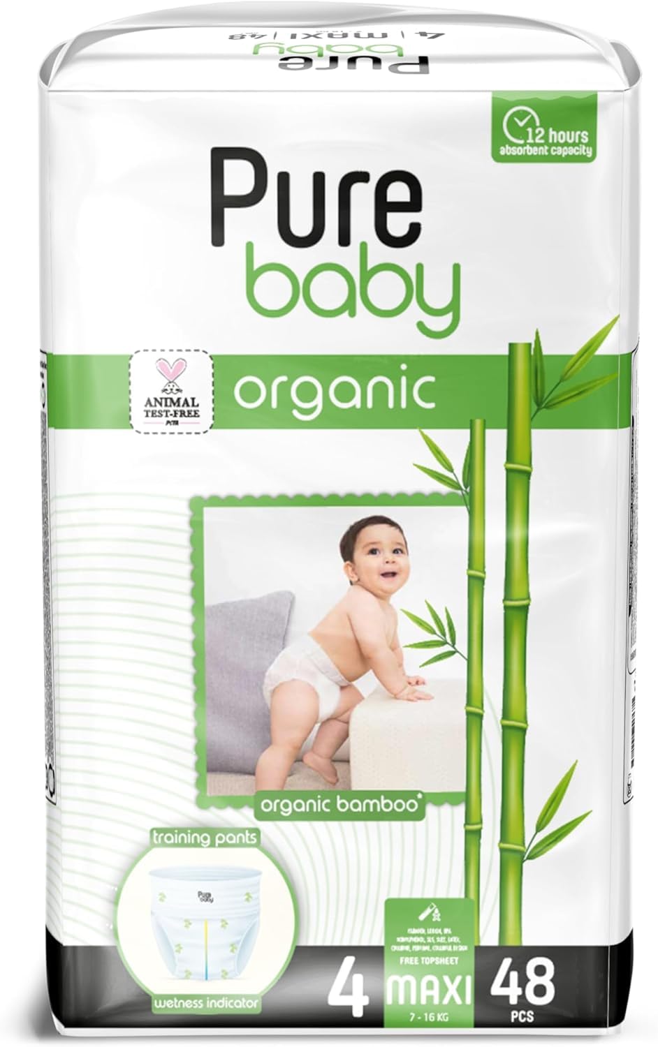 Pure Baby Baby Pant Style Diapers with Organic Bamboo Core Size 4, 7 to 14 kg, Superior Absorption, 48 pieces