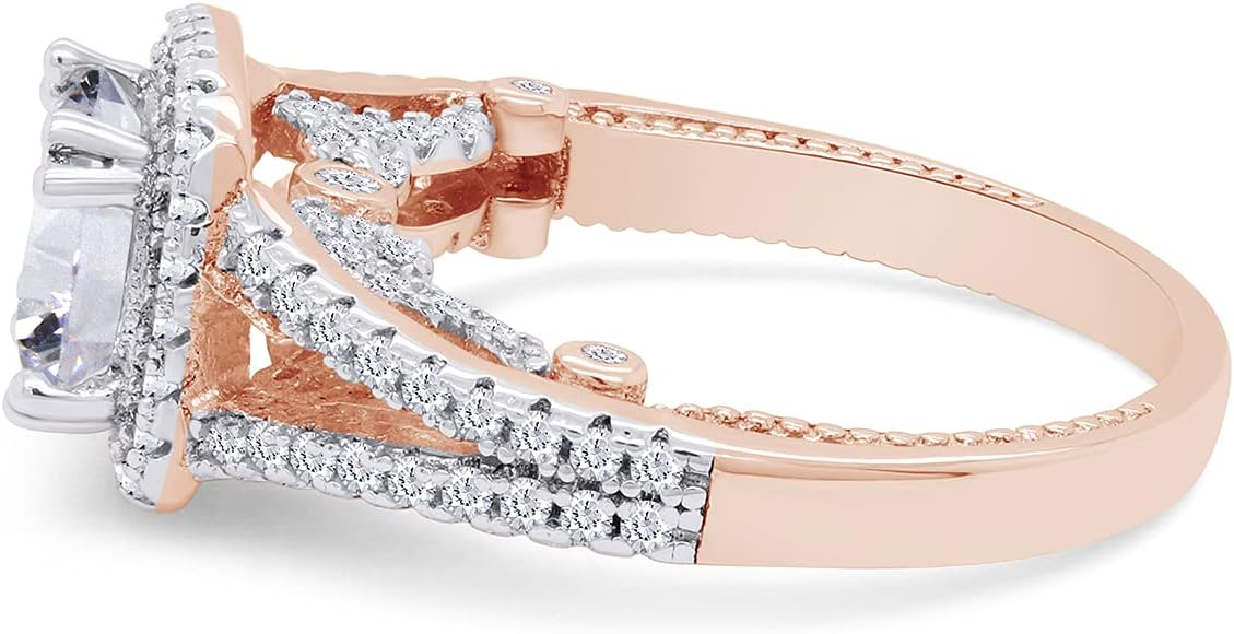 SAVEARTH DIAMONDS Round Cut 7MM Center Sparkling White Cubic Zirconia Split Shank Cushion Frame Filigree Halo Engagement Ring In 14k Gold Over Sterling Silver Jewelry For Women