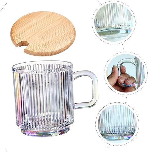 Miniatura 9 de Juego de 2 tazas de café de vidrio iridiscente, tazas de café a rayas con tapa, tazas de vidrio acanaladas, tazas de té de vidrio con rayas