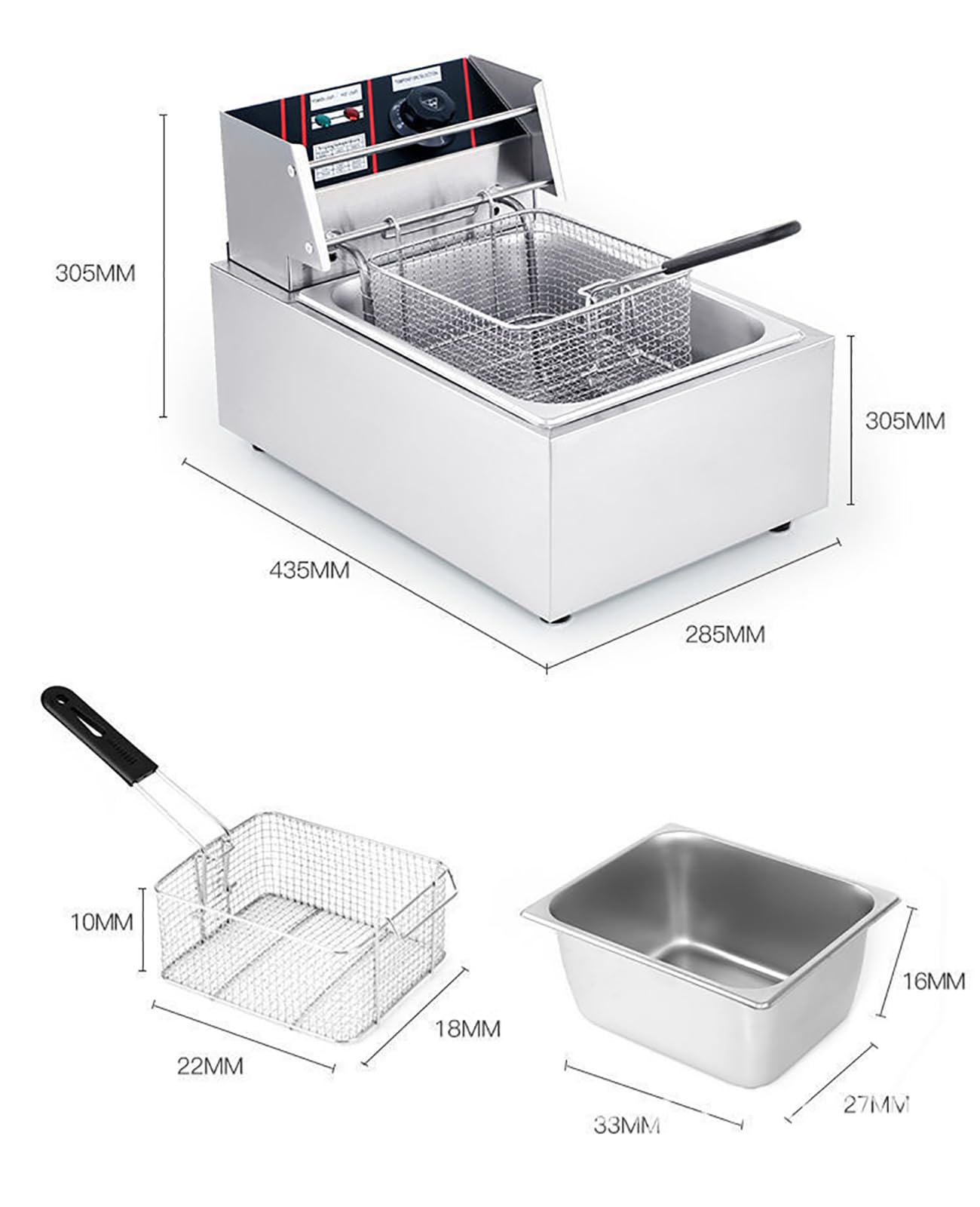 Freidora eléctrica de 10 litros, freidora de 2500 W con cesta para freír, freidora de encimera de acero inoxidable, temperatura ajustable, utilizada en restaurantes, restaurantes de comida rápida