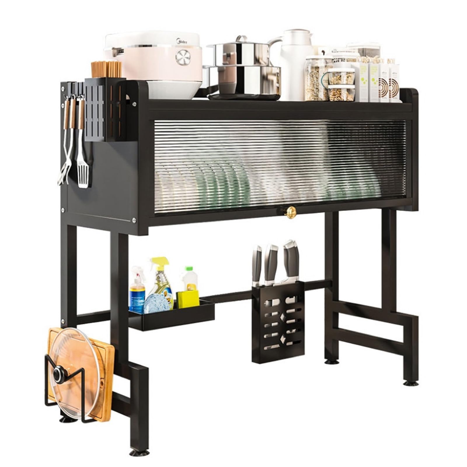 Escurreplatos para fregadero – Escurridor de platos de gran capacidad con 6 ganchos, fregadero de cocina para utensilios de cocina, tabla de cortar, elegante diseño negro