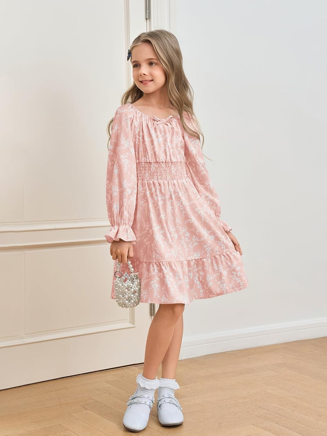 Haloumoning Girls Fall Long Sleeve Floral Dresses Kids Square Neck Smocked Holiday Party Dress 5-14 Years - Image 6