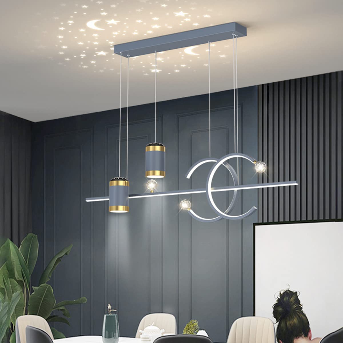 Bellastein Modern LED Dining Table Pendant Lamp Star Clear Sky Pendant Lamp Height Adjustable Remote Control Pendant Lamp for Dining Room Living Room Office Pendant Lamp (Grey)
