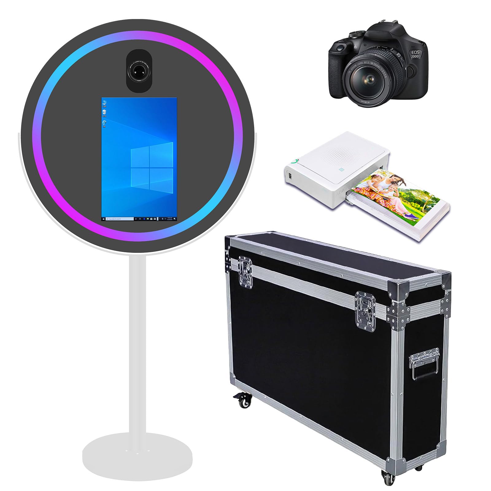 Round Mirror Photo Booth Selfie Led Frame Portable 21.5in Touch Screen Magic Mirror Booth Machine for Wedding Party Events (White, Photo Booth+Camera+Mini Printer)