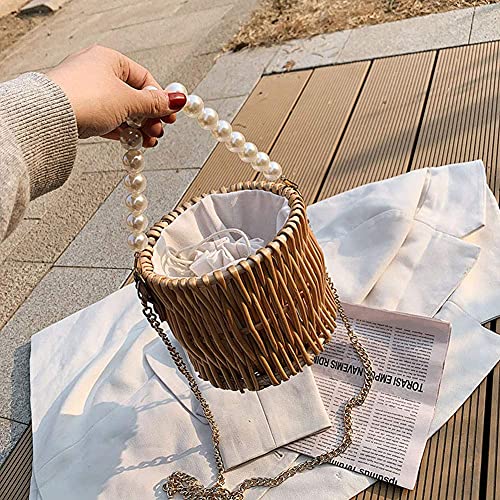 Aktudy Women's Summer Bohemian Rustic Beach Rattan Straw Bag with Pearl Handle and Drawstring Closure, Color23, Size 16*16*14cm - Image 7