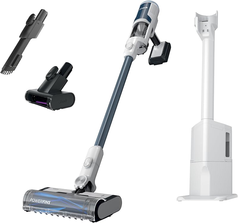 Aspiradora de varilla inalámbrica Clean & Vacuum, blanca y azul, BU3523 | Filtro HEPA ligero, de vaciado automático, herramienta manual motorizada exclusiva para pelo de mascotas, alfombras y pisos duros, tiempo de ejecución de 40 minutos