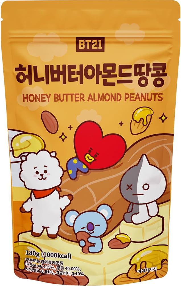 BT21 Almonds Natural Raw Snack Nuts Resealable Bag, Honey Butter Almond Peanuts flavor, 6.34 Ounce (Pack of 1)