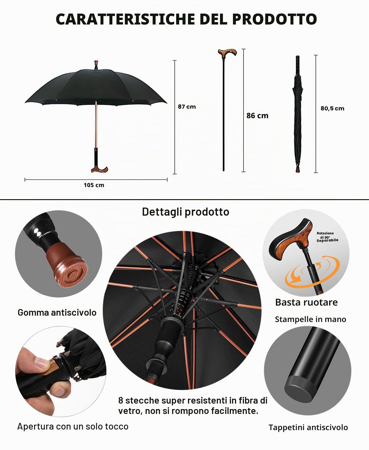 Ombrello Bastone da Passeggio RuiYngKe in Canna 2 in 1 Ombrelli Bastoni passeggio da Donna e Uomo - Regalo per Anziani, Grande Φ105cm Antivento e Antipioggia Ombrello a Bastone