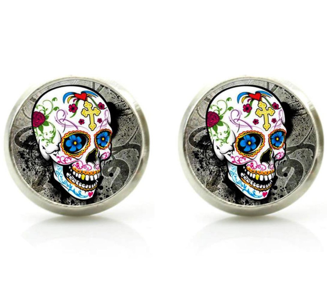 DianaL Boutique Silver Tone Glass Cabochon Gothic Skull Earrings Stud Post Art Picture Jewelry