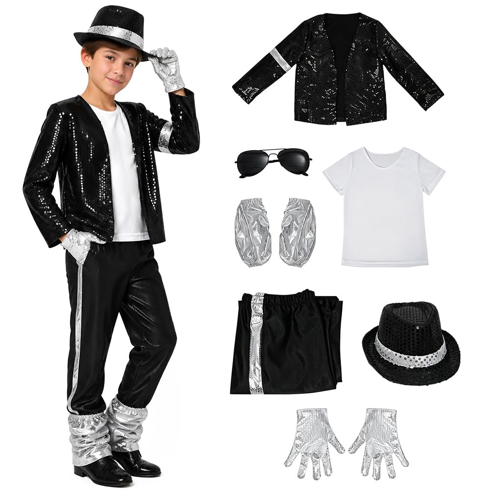 XEERUN 7PCS Child King of Pop Musician Costume, Michael Sequin Costume Kids with Sequin Jacket Striped Pants Hat Sunglasses Gloves T-Shirt, 80s 90s Music Icon for Halloween, Party, Stage,140cm