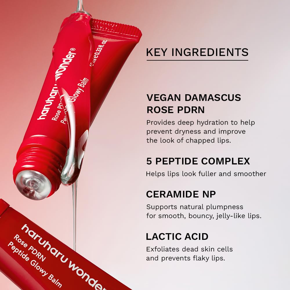 haruharu wonder Rose PDRN Peptide Glowy Balm, Instant Moisture, Repairs Dry Cracked Lips, 24h Moisture, No Waxy Finish, wegański, bez silikonu, bez mikroplastiku, bez tuszu, 10 ml