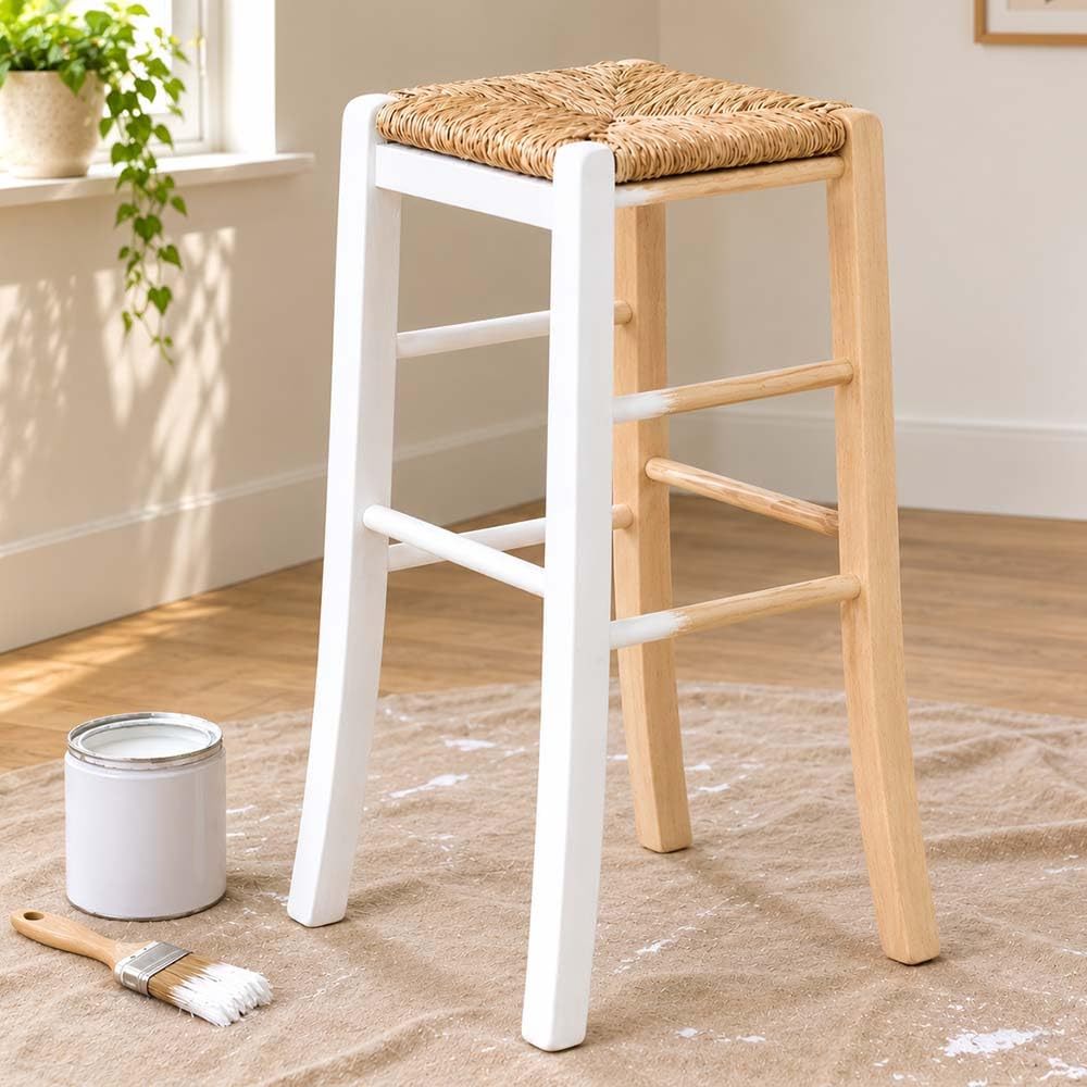 Taburete de madera al natural, de 67 cm de altura, por pintar, con asiento de paja de forma cuadrada (viene montado)