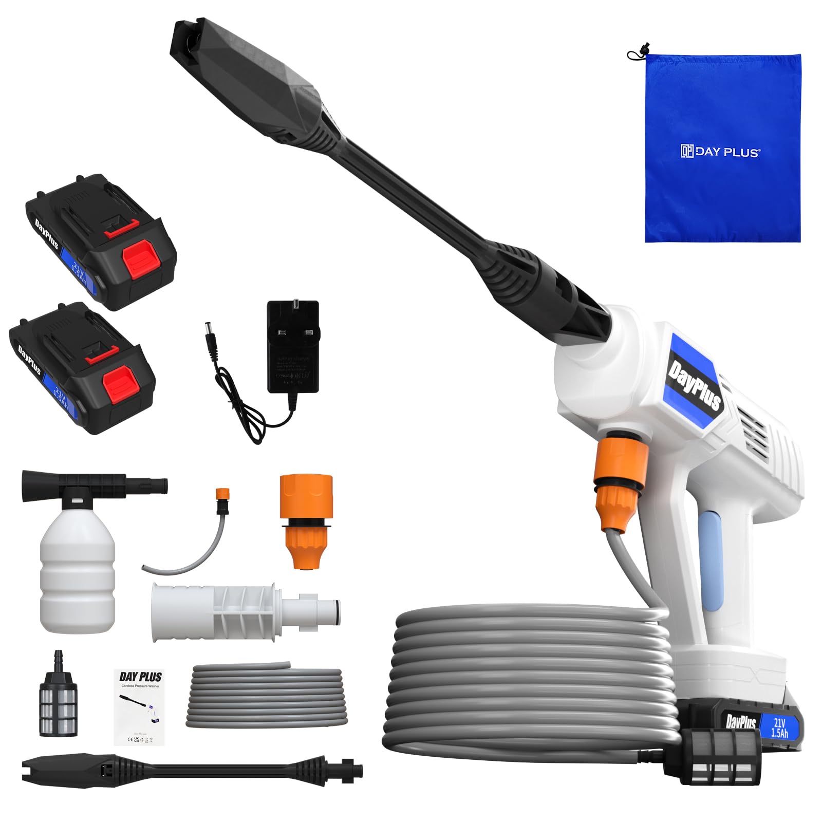 Cordless Pressure Washer Electric High Power Wash Patio Car Cleaner with 2x1.5Ah Batteries 300 Bar