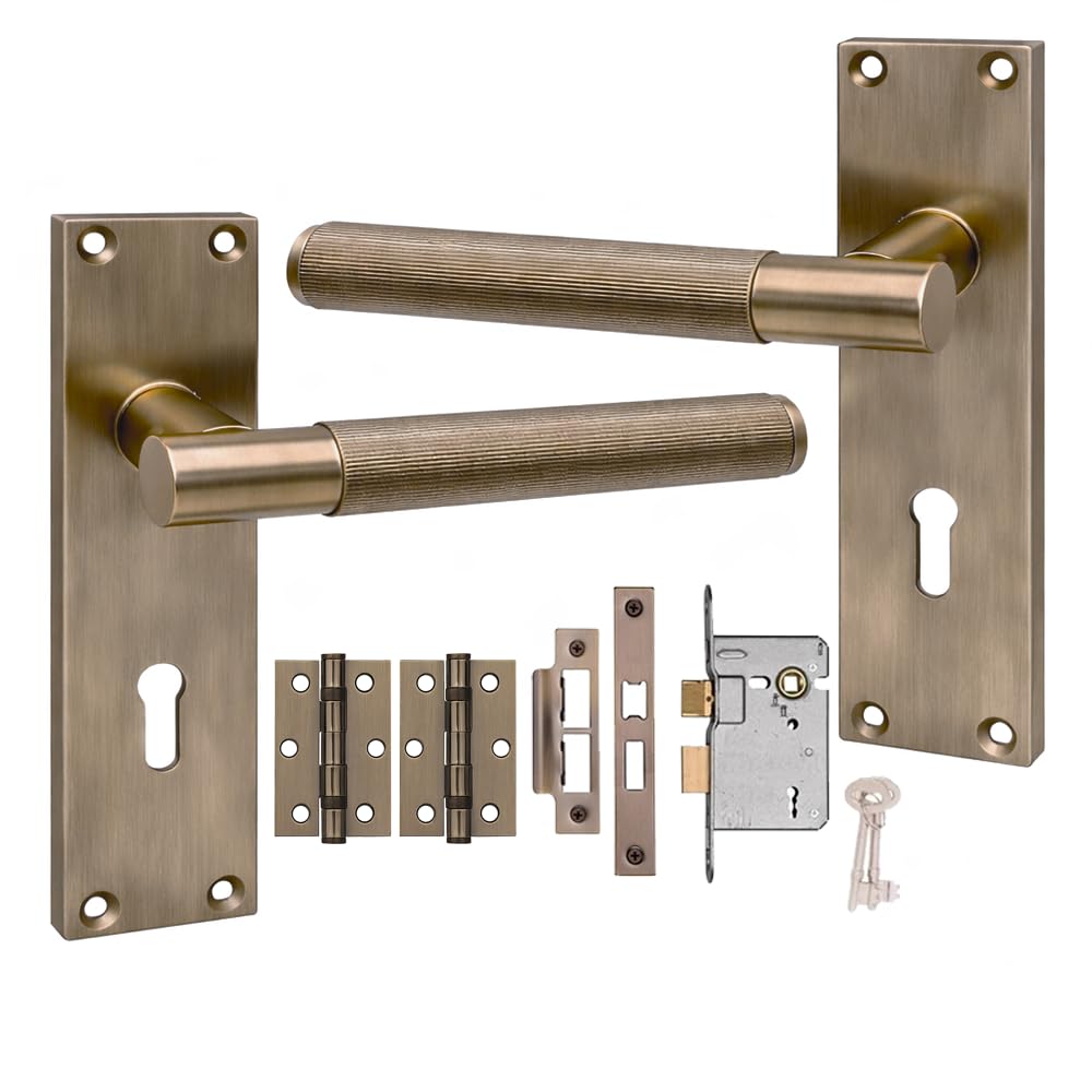 Golden Grace Victorian T-Bar Lock Door Handle, Antique Brass Key Lock Set