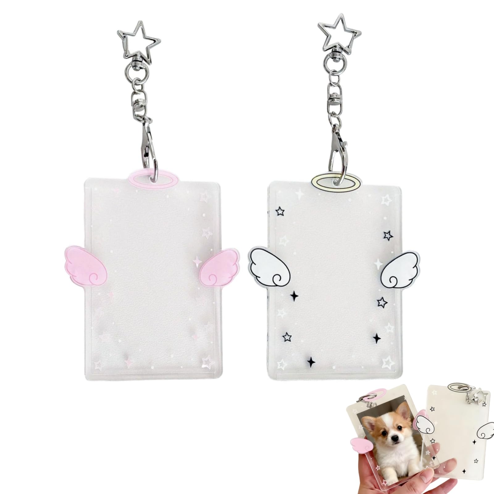 2-Pack Wing Shaped Photocard Holder - Clear Acrylic Cute Photocard Holder Keychain,Versatile for Student, Credit, and Bus Cards,Ideal Gift for Fans