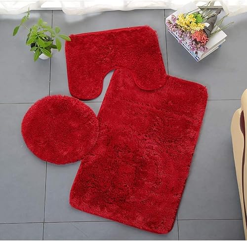 Juego de fundas de asiento de inodoro, tapete de contorno en forma de U, antideslizante, cubierta para tapa de inodoro, color rojo, 3 piezas,