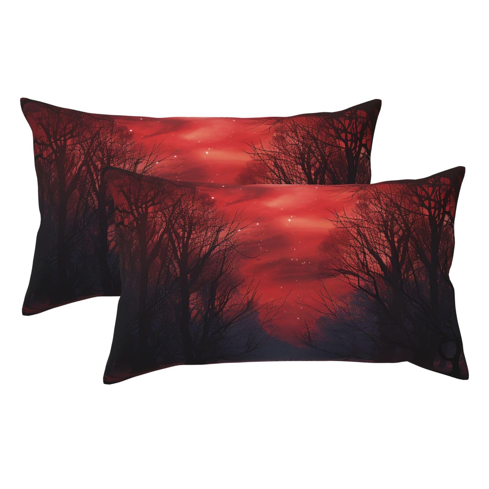 2 Pack King Pillow Cases with Hidden Zipper, Soft Breathable Pillow Covers for Hair and Skin, Red Forest Night Sky Pillowcases 20"x36" Bed Pillow Protectors Cover for Sleeping Gifts