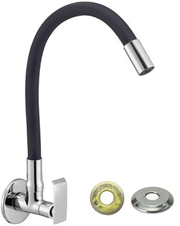 Jagger Siya Handle Sink Tap with Brass Fitting and Black Spout Flexible Sink tap for Kitchen Sink, Black Flexible Kitchen tap with Silicone Swivel Spout Chrome Finish (#Teflon Tape and Wall Flange)