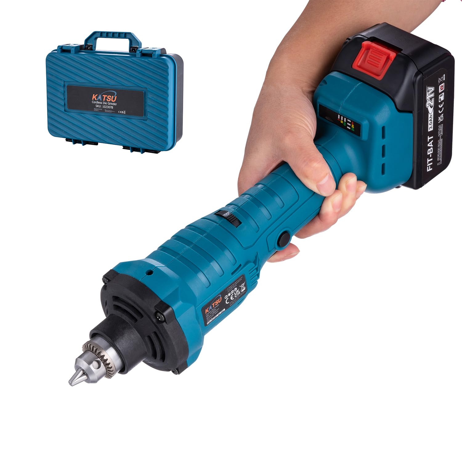 Katsu Tools Katsu Fit-Bat 21V Brushless Cordless Die Grinder With 3.0Ah Battery And Charger, Wireless Electric Straight Grinder Rotary Multi Tool With 6Mm Chuck & 6 Variable Speed In Plastic Case