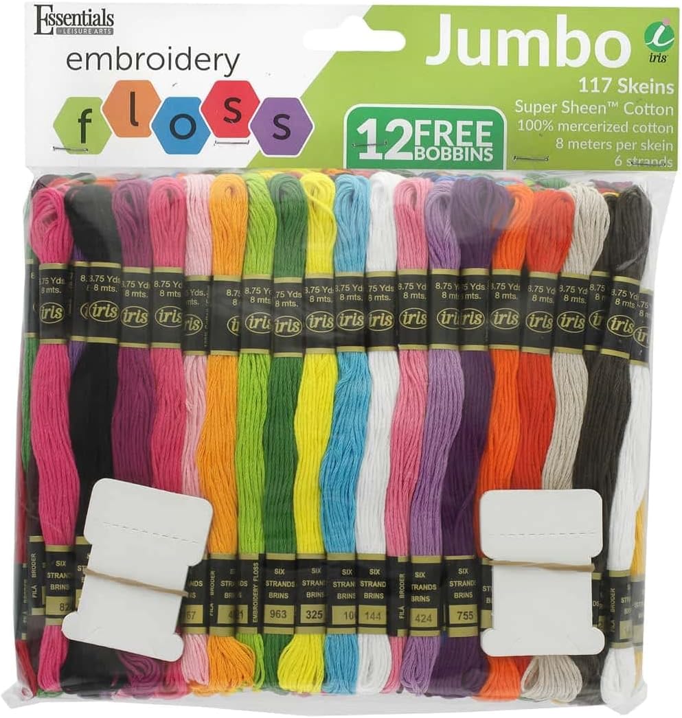 Essentials By Leisure Arts and Iris Embroidery Floss Jumbo 117 Pack - 6 Strand Cotton Floss with Bobbins for Cross Stitch, Embroidery, Craft Projects