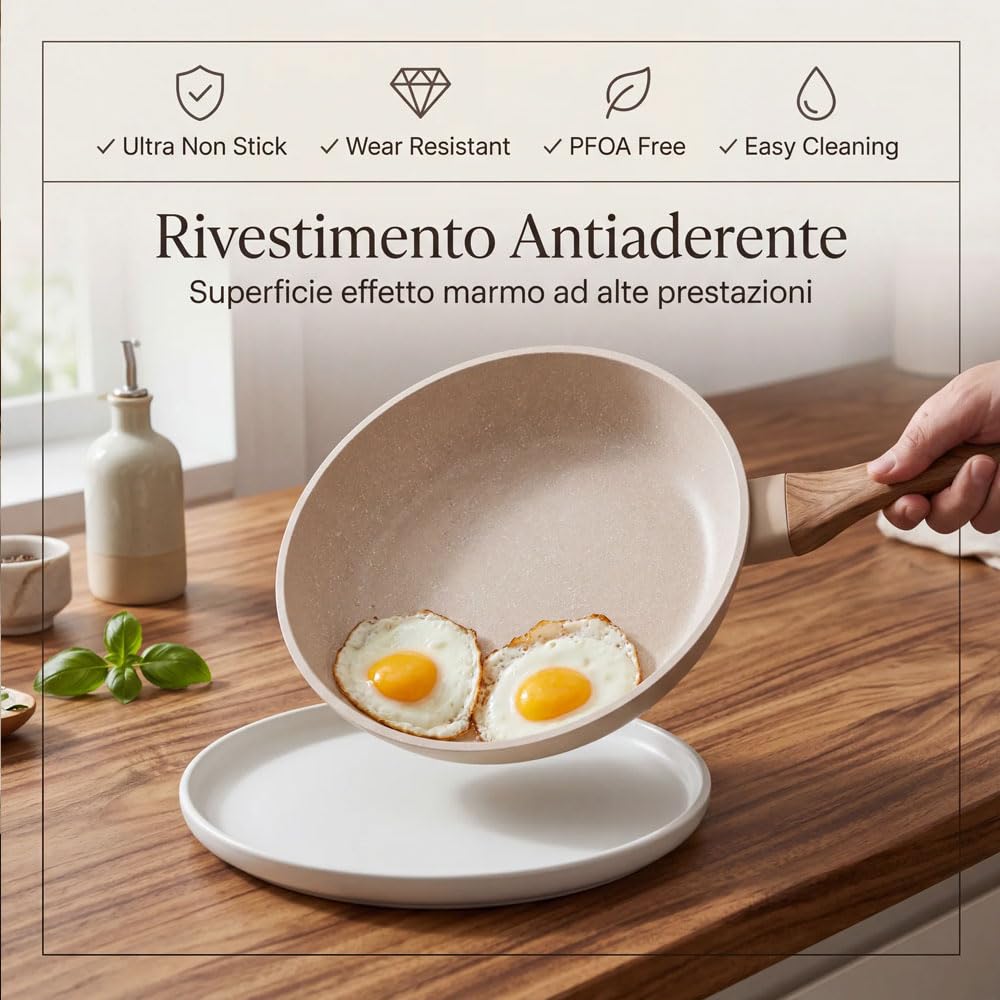 081 Store - Set 3 Padelle Antiaderenti 20, 24 e 28 cm, Padelle per Induzione, Gas e Tutti i Piani Cottura, Rivestimento Effetto Granito, Alluminio Forgiato, Senza PFOA, Manici Ergonomici Effetto Legno
