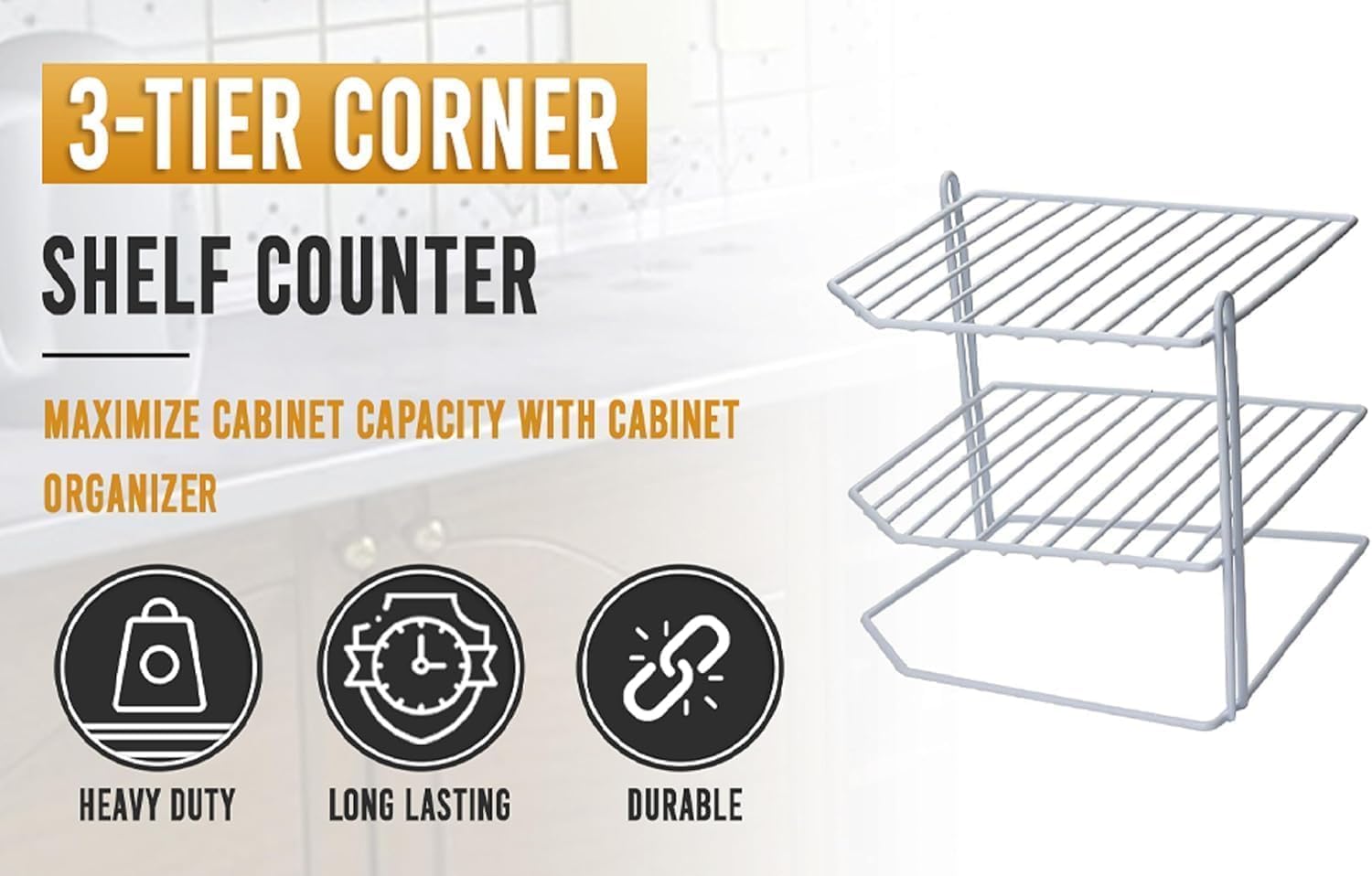 YBM HOME 3-Tier Corner Shelf Counter and Cabinet Organizer, White, Pack of 6