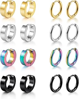 Earrings for Men, 8 Pairs Hoop Earrings 316L Stainless Steels Drop Earring Hypoallergenic Small Chunky Earrings Set for Women Men Huggie Earrings Black Gold Silver