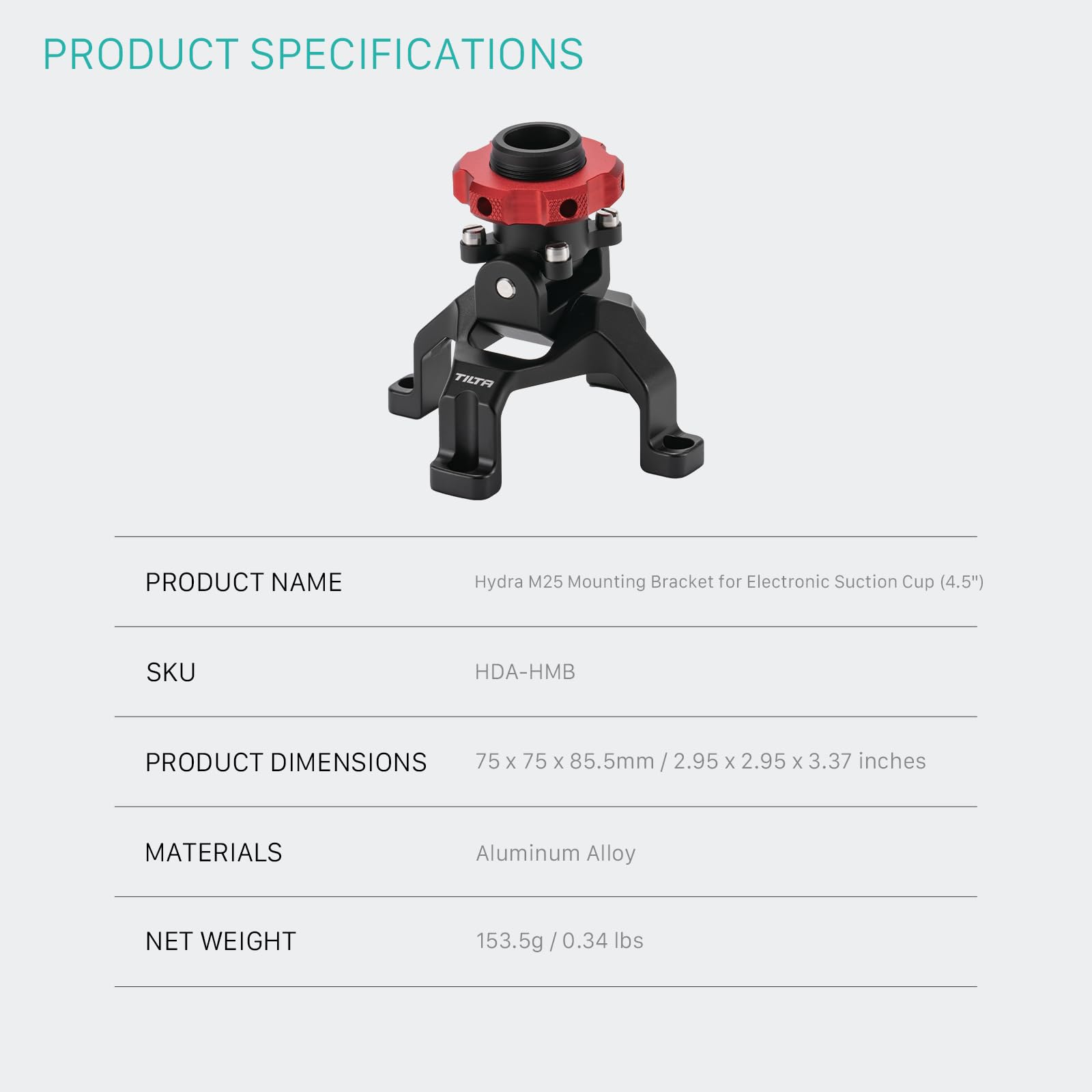 Tilta Hydra M25 staffa di montaggio per ventosa elettronica da 4,5 pollici, supporto a ventosa per fotocamera su finestrino/cofano auto per fotocamera/videocamera d'azione/telefono HDA-HMB